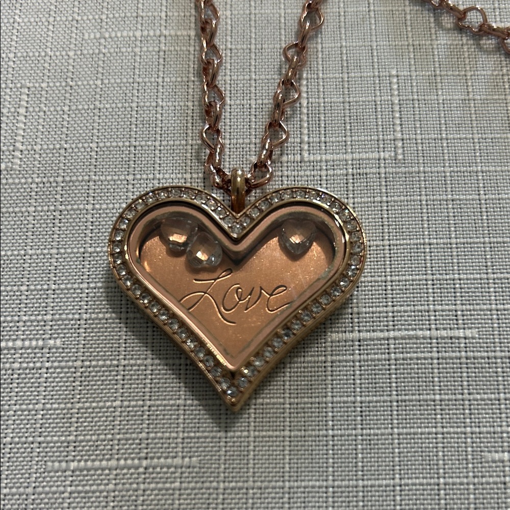 Origami Owl Rose Gold Crystal Heart Locket Pendant Necklace - Picture 2 of 6